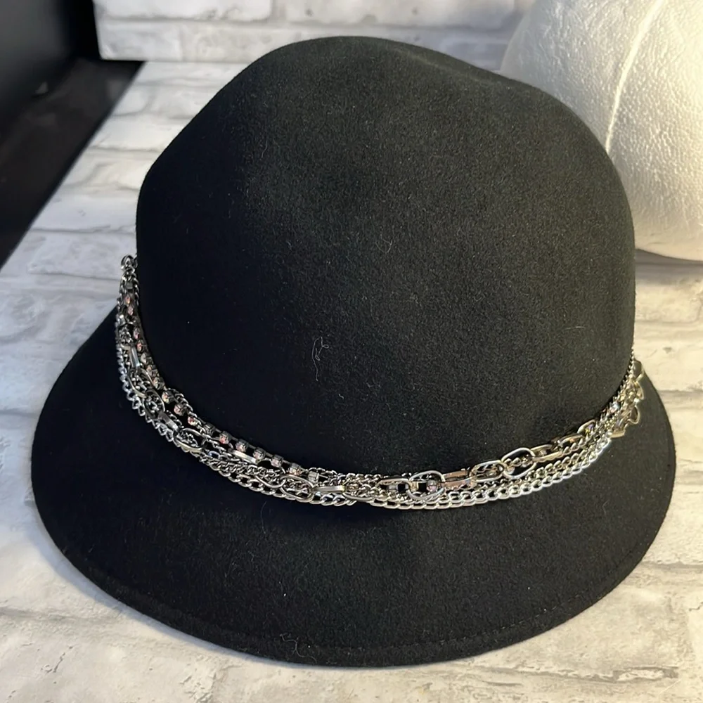 Vintage Cappelli black wool felt bucket hat  bling silver chains fake diamonds